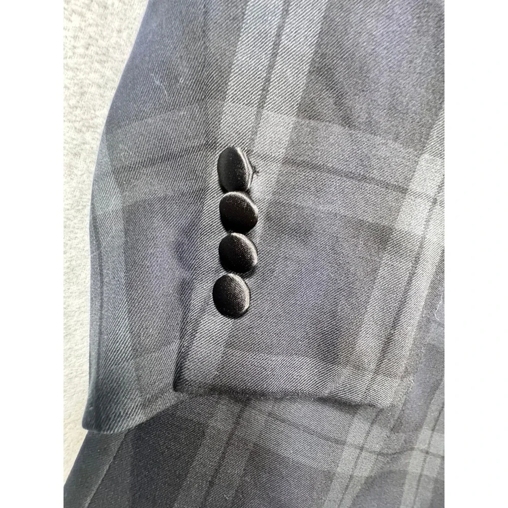 Jos A Bank Mens Plaid Tuxedo Jacket Black Satin Lapel Formal Blazer Wool Blend